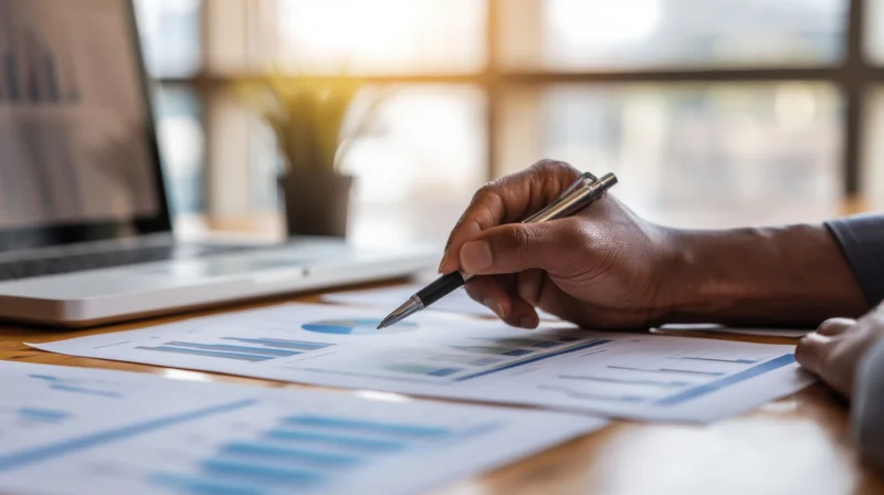 Hand holding pen over financial charts on desk in office setting