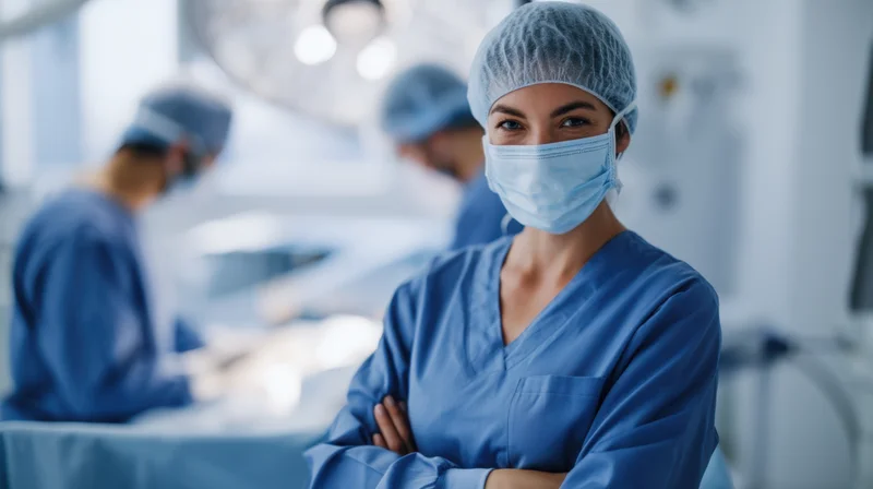 Female surgeon in blue scrubs with arms crossed in operating room during surgery procedure