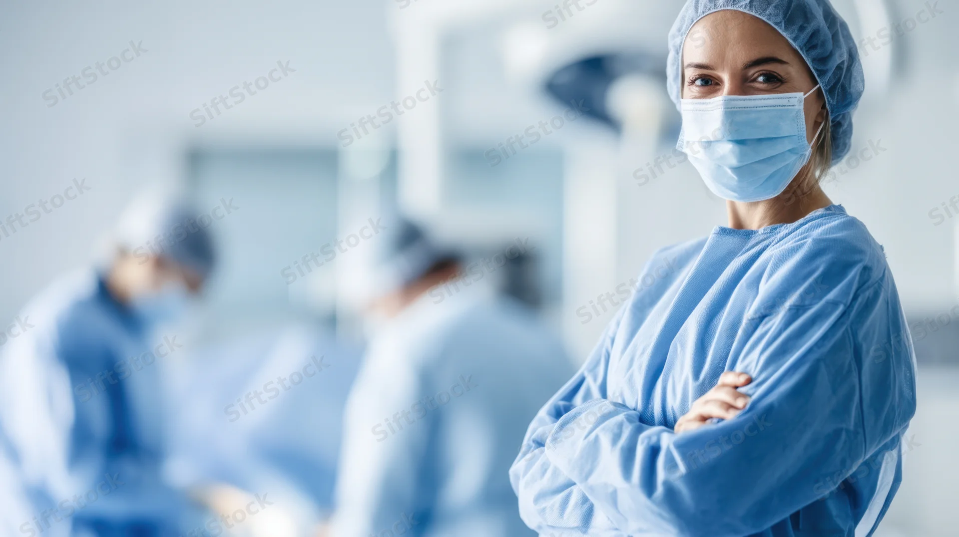 Female surgeon standing with arms crossed in operating room during surgery procedure