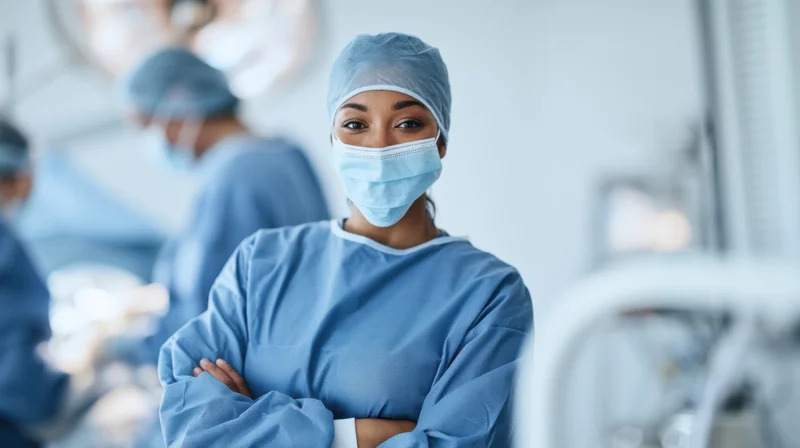 Female surgeon in blue scrubs with arms crossed in operating room