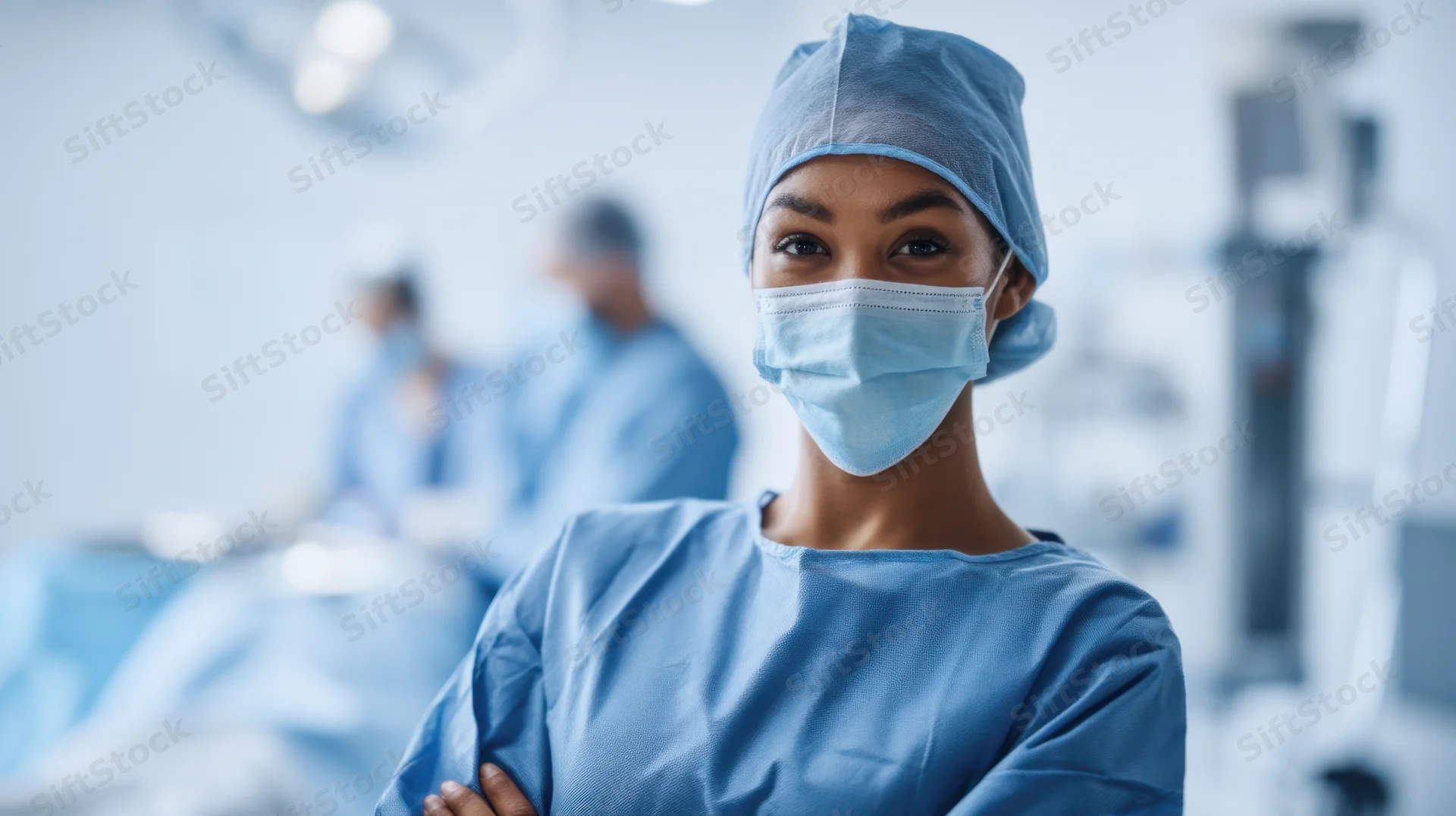 Female surgeon in blue scrubs and mask standing in operating room with arms crossed, team in background