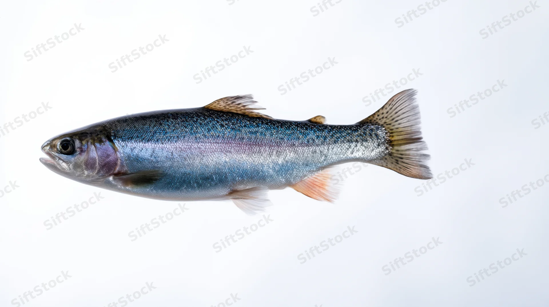 Rainbow trout with iridescent scales and streamlined body isolated on white background
