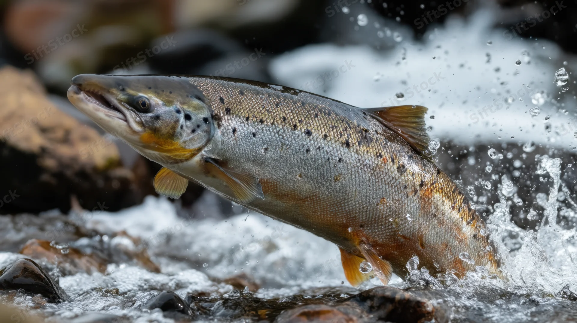 Salmon leaping through rushing river water among rocks