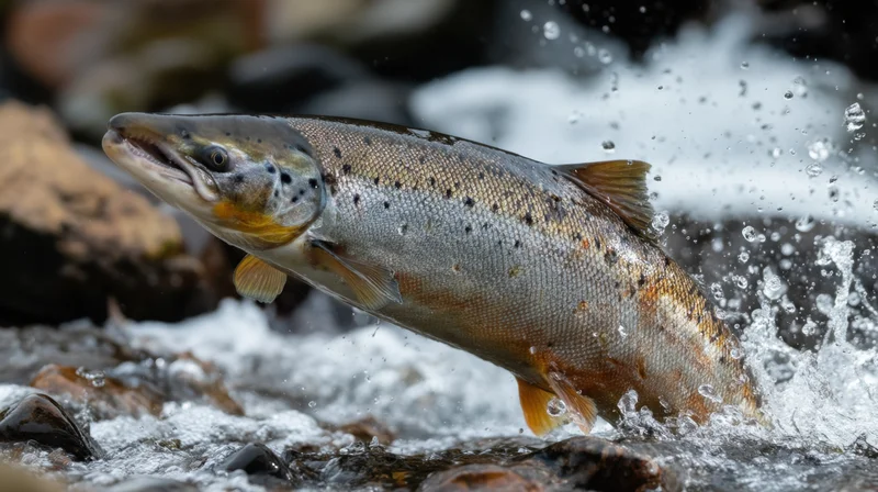 Salmon leaping through rushing river water among rocks