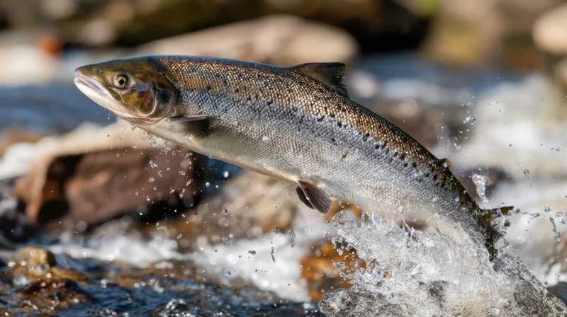 Salmon leaping out of rushing river water over rocks