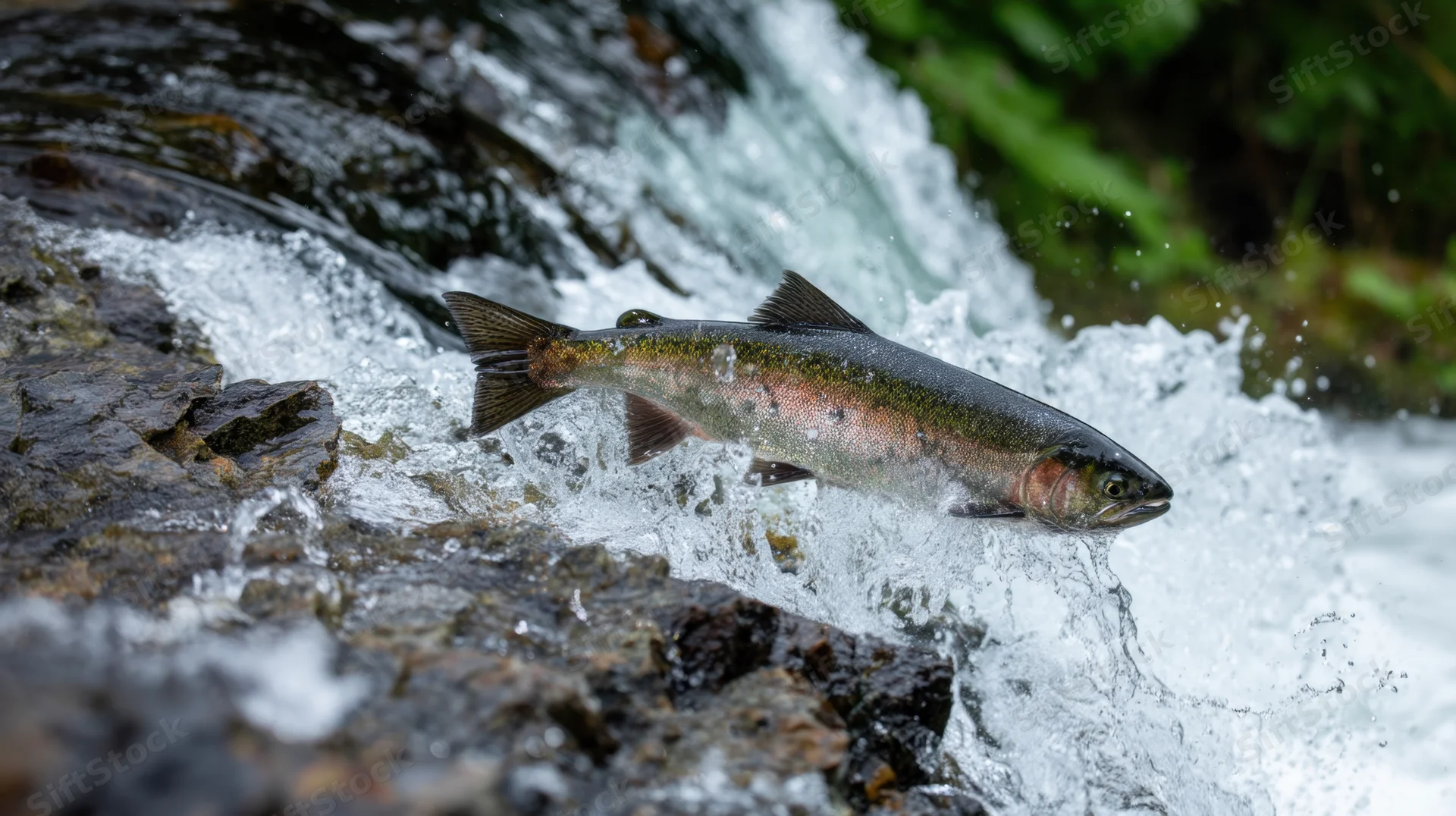 Salmon leaping out of a waterfall in a fast-moving river surrounded by rocks and greenery