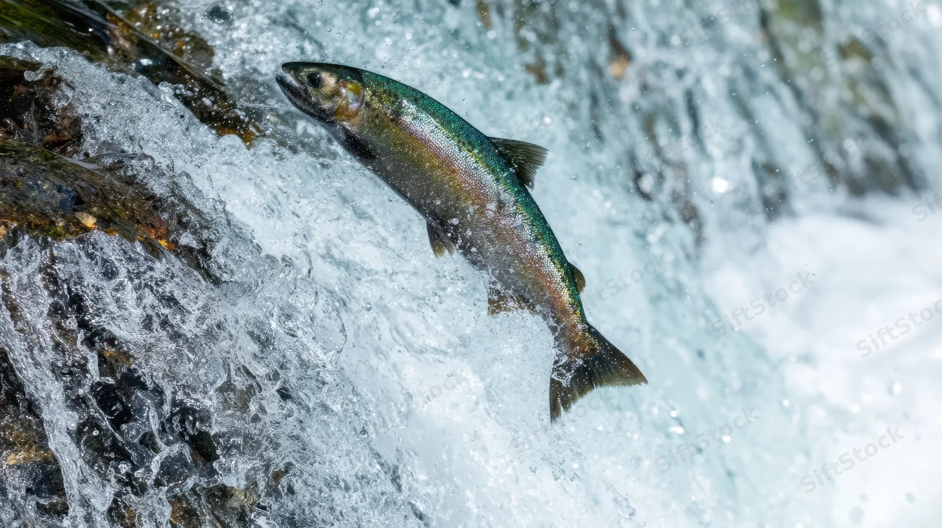 Salmon leaping out of a waterfall in a rushing river