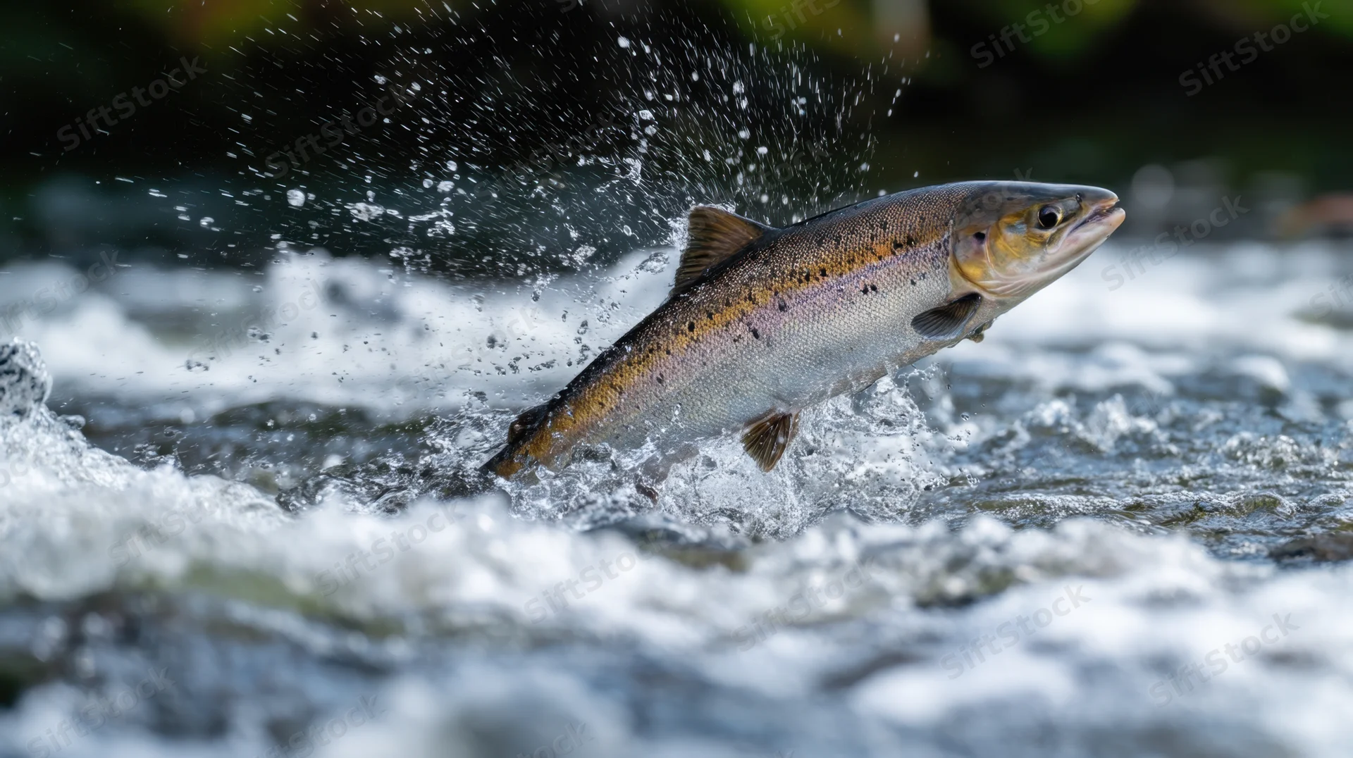 Salmon leaping out of turbulent river water with splash and motion