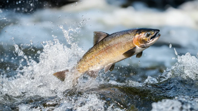 Salmon leaping out of turbulent river water during spawning migration
