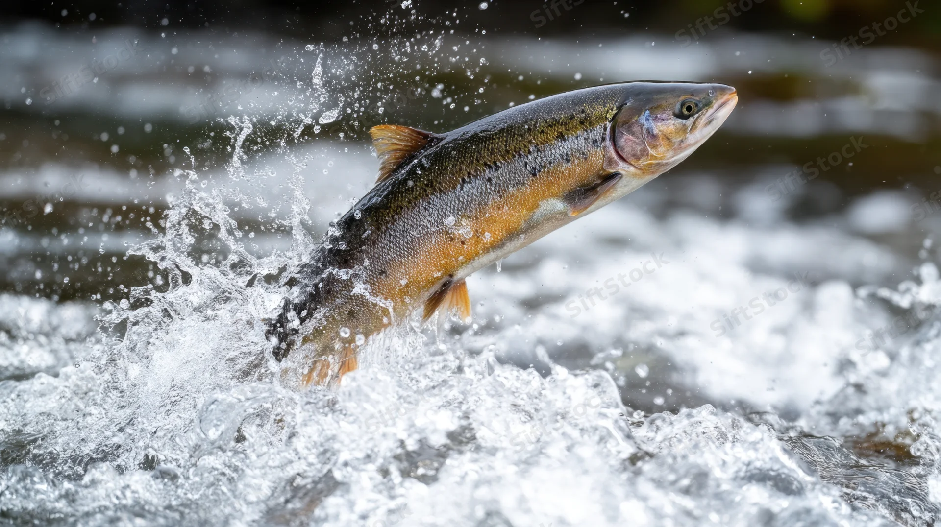 Salmon leaping out of turbulent river water during spawning migration