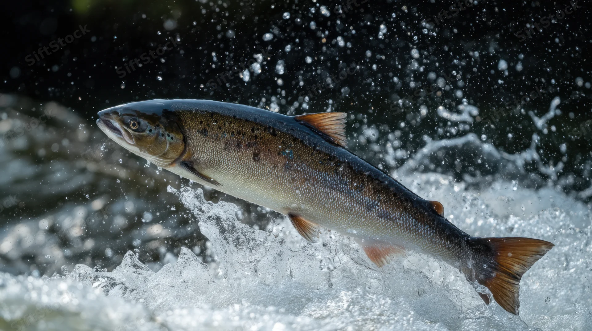 Salmon leaping out of turbulent water mid-air with splashing spray around it