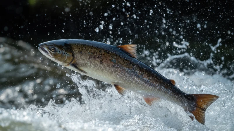 Salmon leaping out of turbulent water mid-air with splashing spray around it