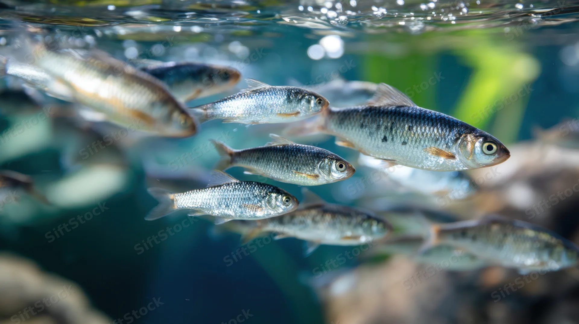 School of small silver fish swimming in clear aquarium water near surface