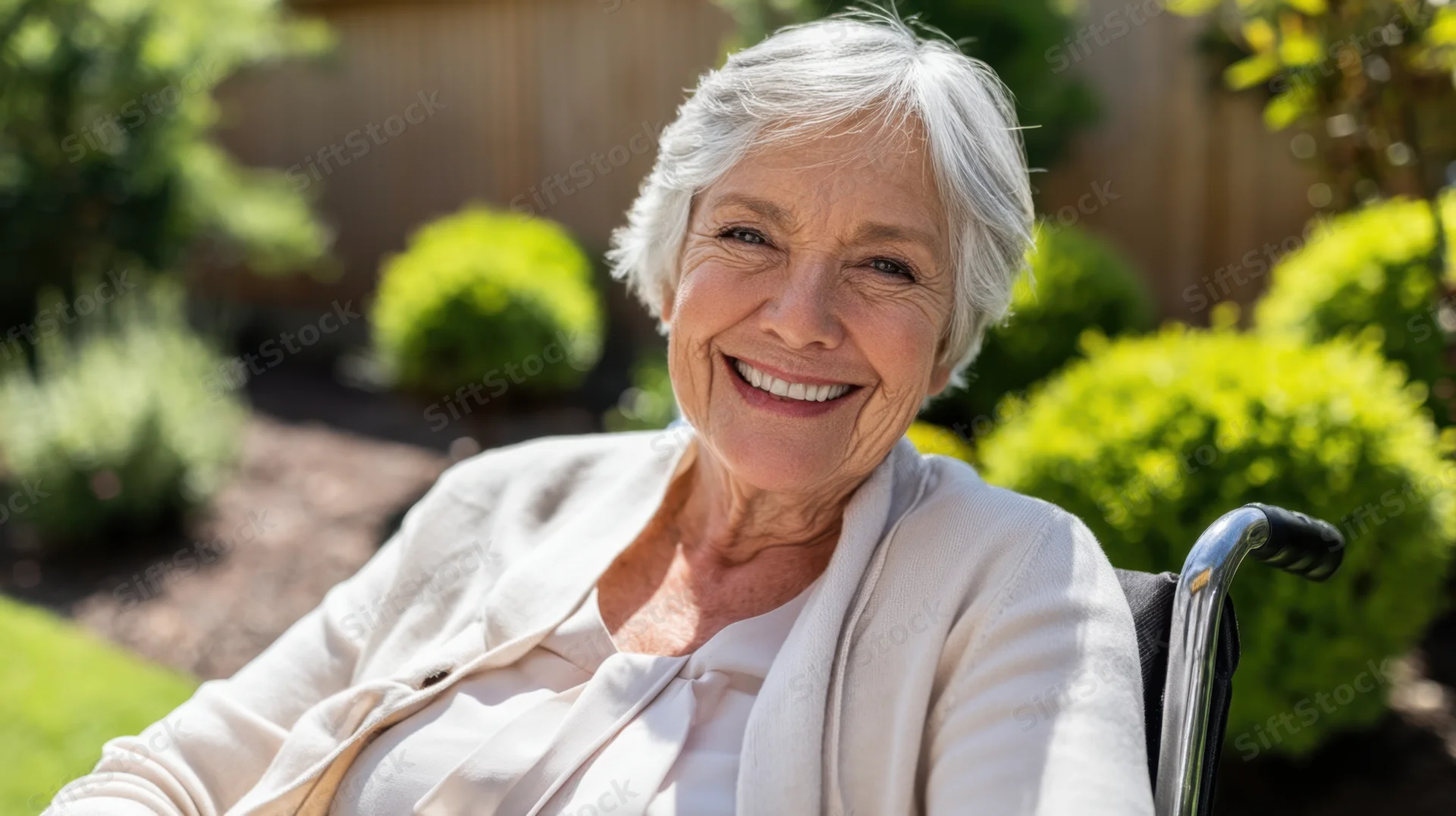 Senior woman smiling in wheelchair in garden setting