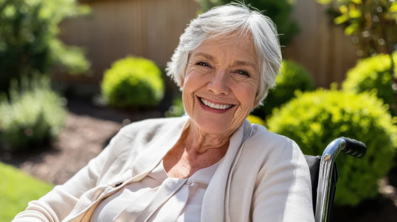 Senior woman smiling in wheelchair in garden setting