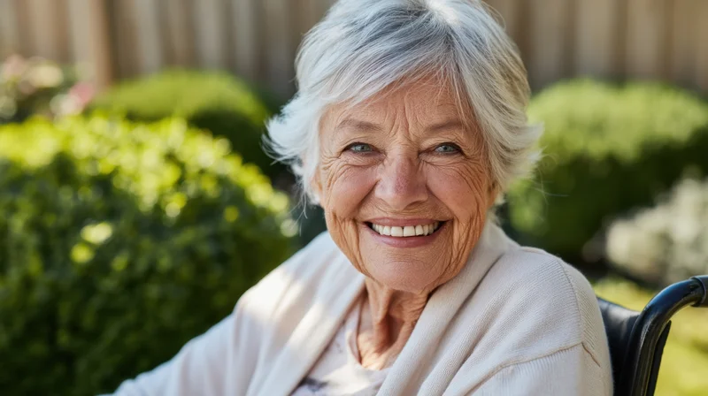 Senior woman smiling while seated in wheelchair in garden setting