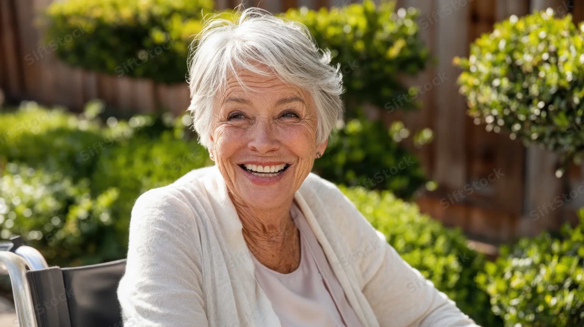 Senior woman smiling while seated in wheelchair in a garden setting