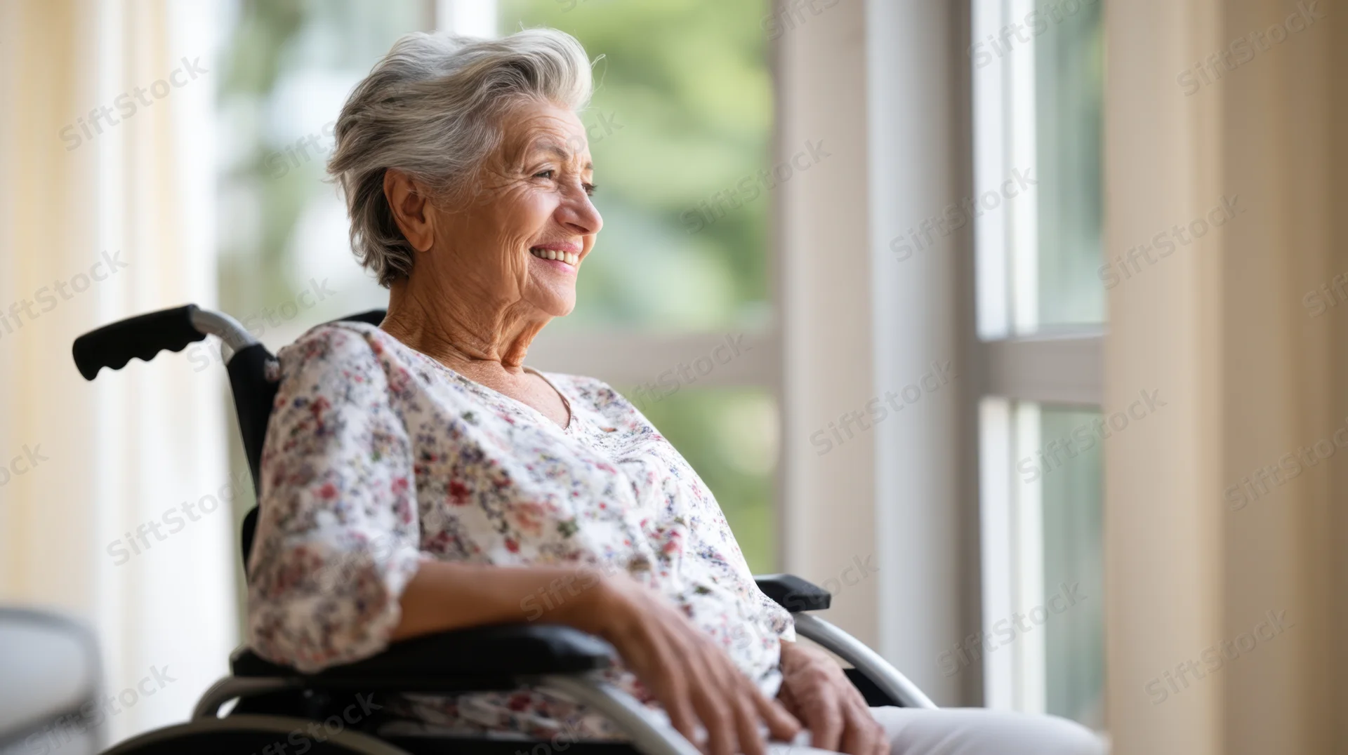 Senior woman smiling in wheelchair by window in home interior