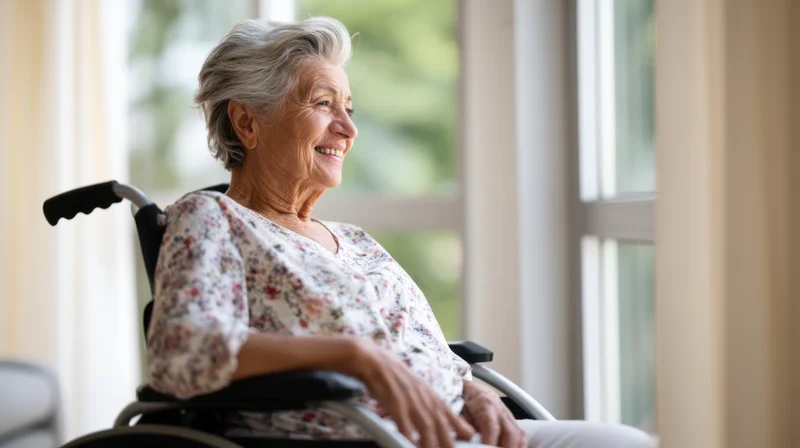 Senior woman smiling in wheelchair by window in home interior