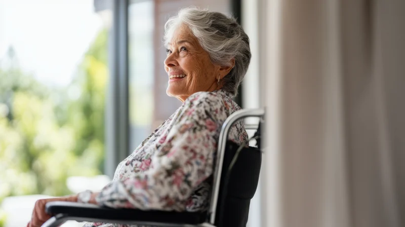 Senior woman smiling in modern wheelchair by window with garden view