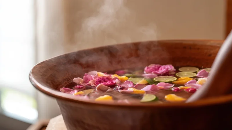 Warm foot bath in a copper basin filled with floating rose petals and lime slices, steaming gently indoors