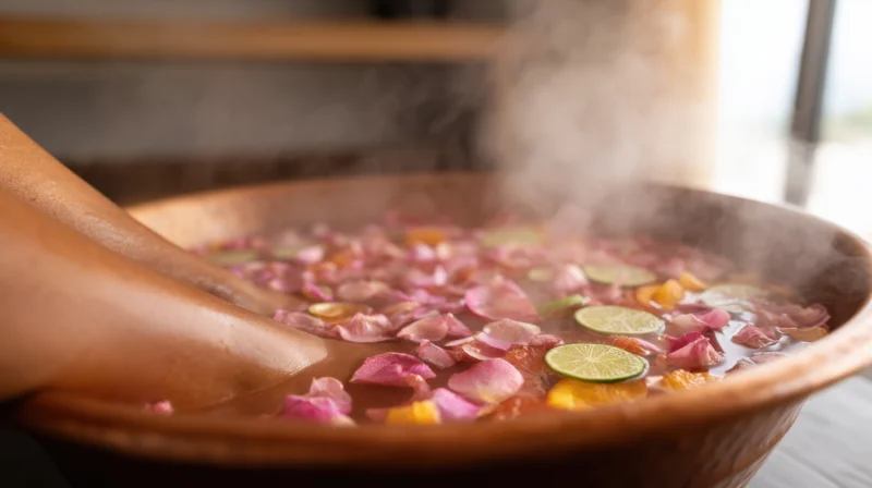 Foot soaking in a copper basin filled with warm water, rose petals, lime, and orange slices