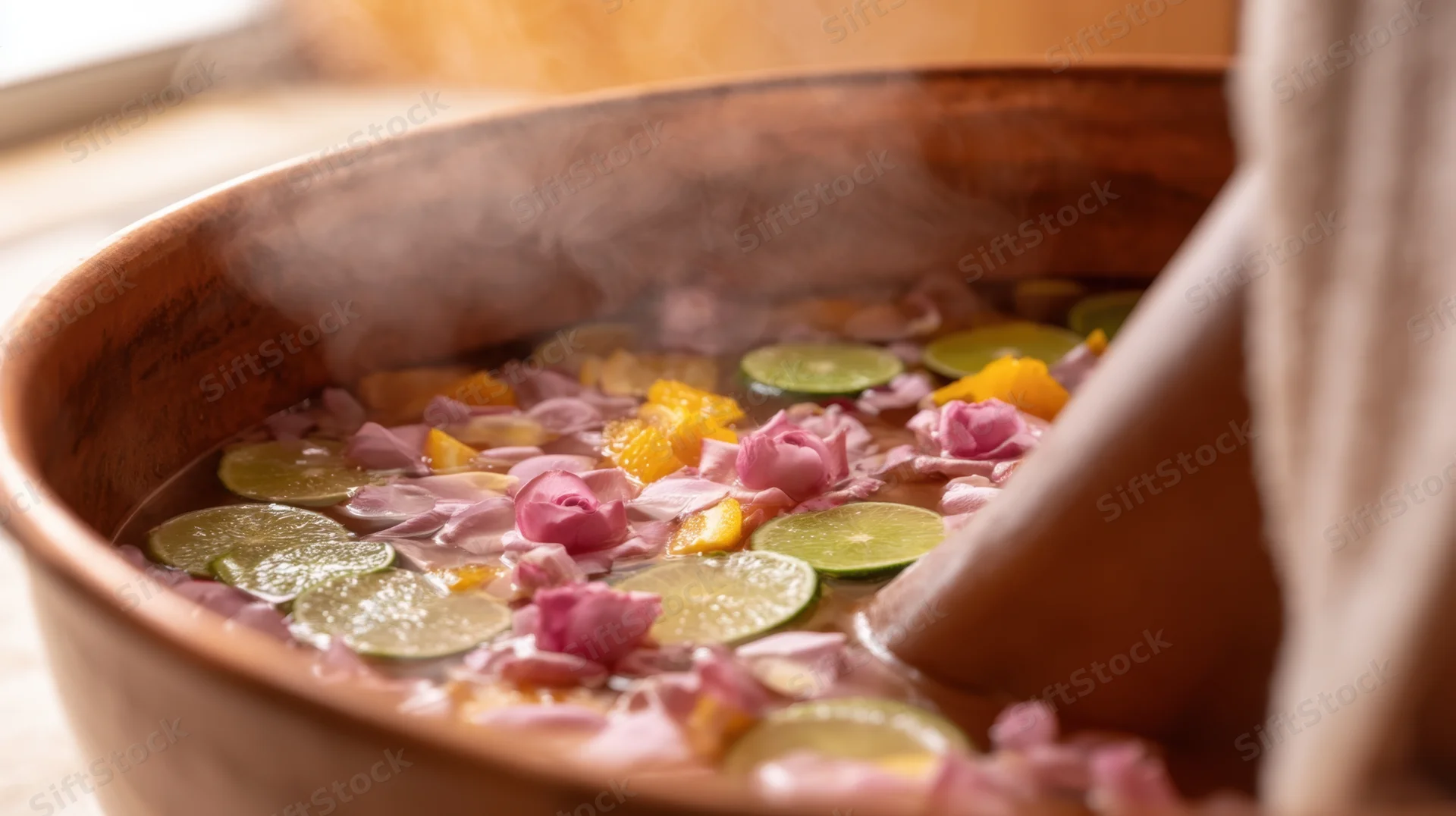 Foot soaking in a copper basin filled with warm water, lime slices, rose petals and steam rising