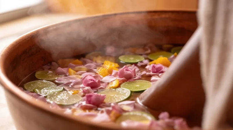 Foot soaking in a copper basin filled with warm water, lime slices, rose petals and steam rising