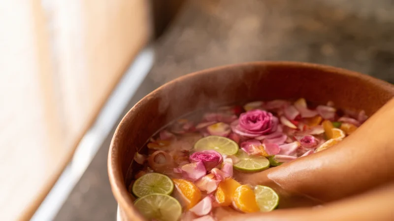 Foot soaking in a copper basin filled with warm water, rose petals, lime and orange slices
