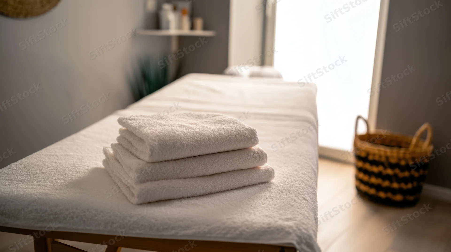 Stack of white towels on a wooden massage table in a serene therapy room