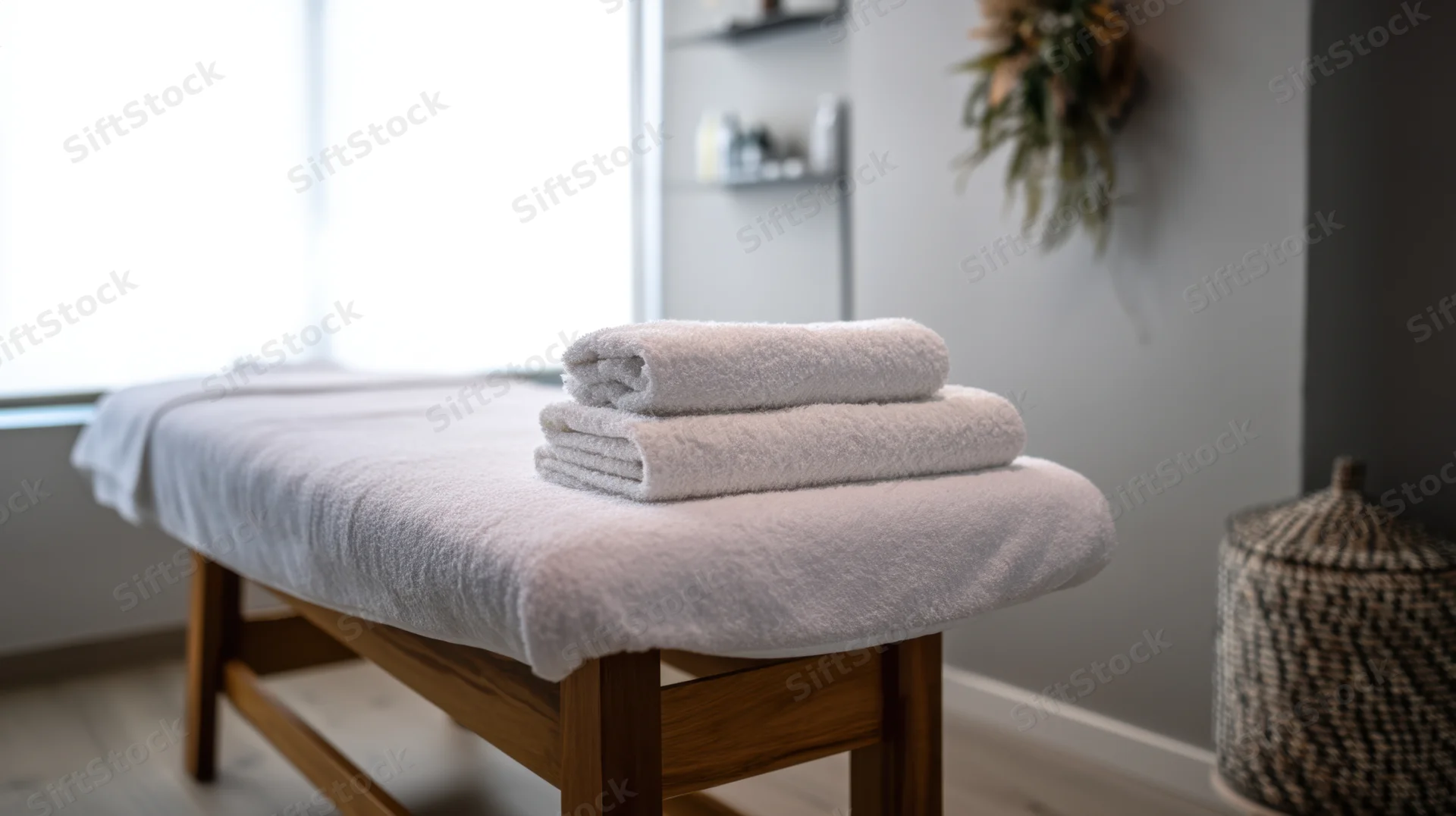 Wooden massage table covered with white towels in a serene therapy room