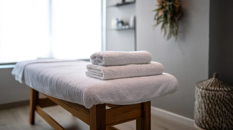 Wooden massage table covered with white towels in a serene therapy room