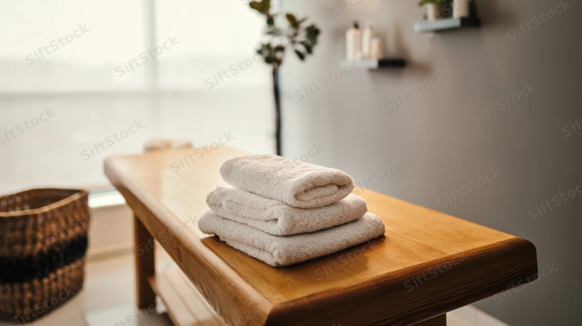 Folded beige towels on a wooden massage table in a serene therapy room