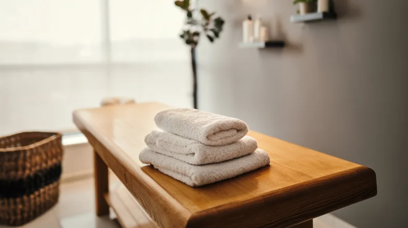 Folded beige towels on a wooden massage table in a serene therapy room