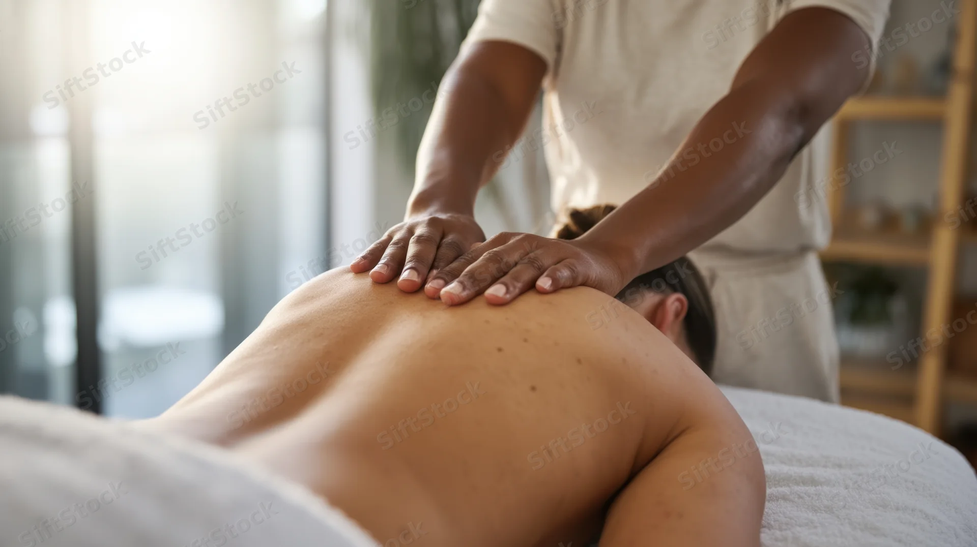 Therapist’s hands massaging a woman’s back on a treatment table in a spa setting