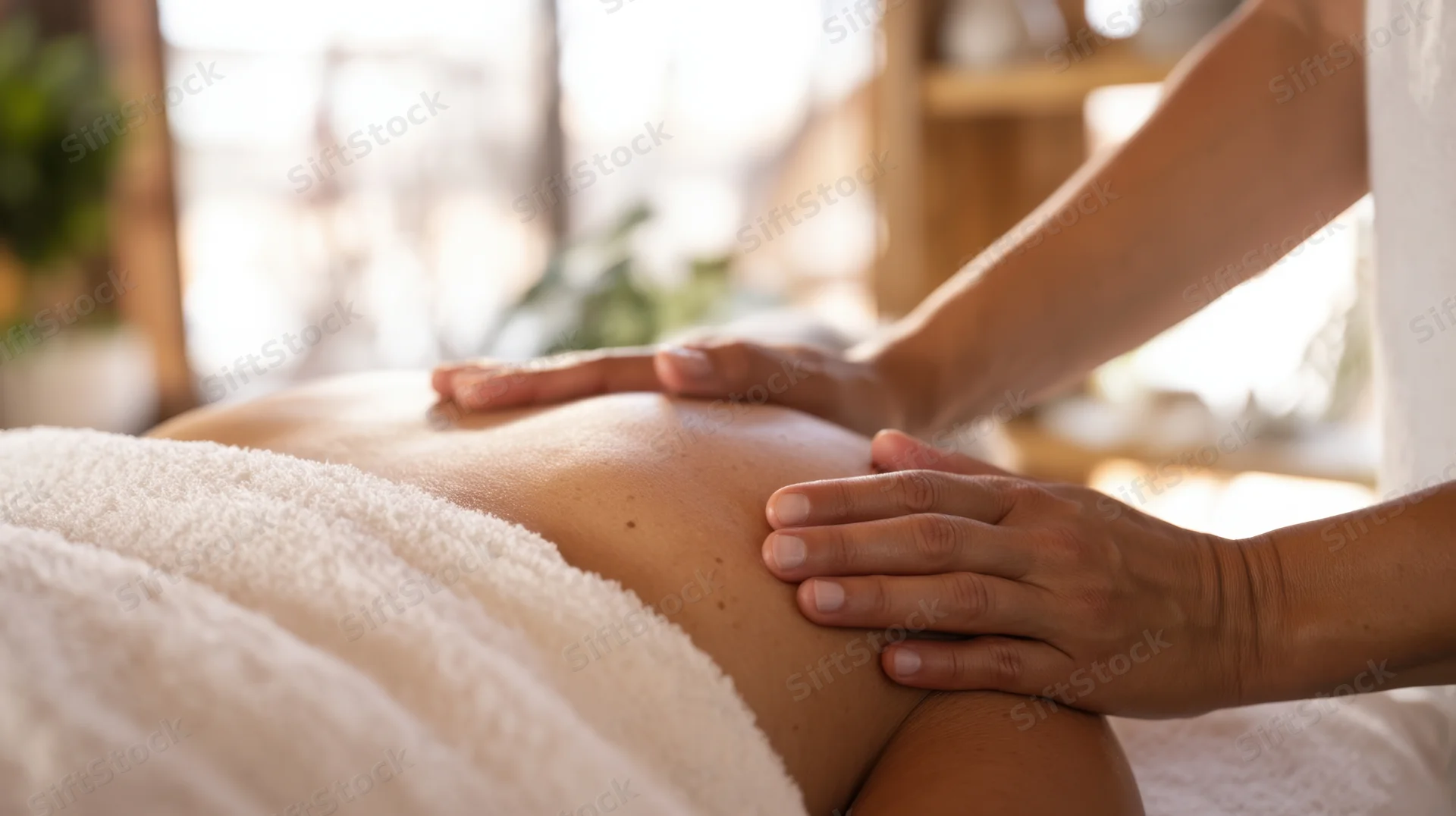 Therapist’s hands massaging a woman’s back in a spa setting