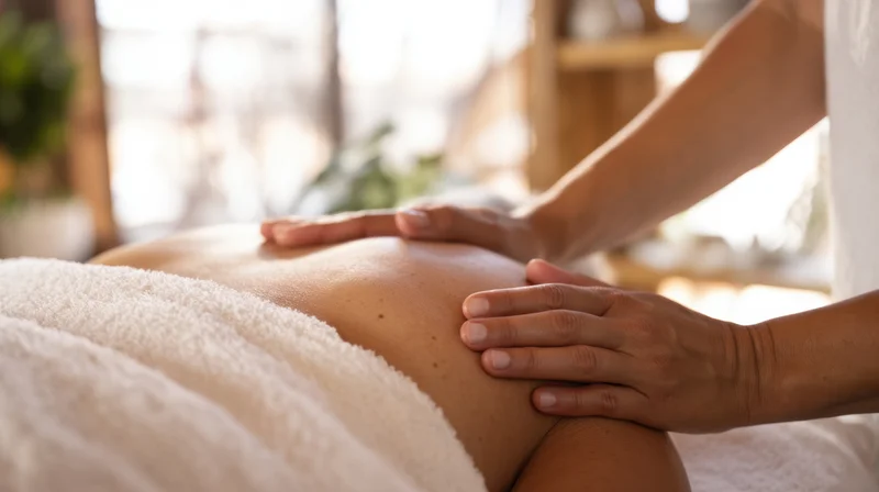 Therapist’s hands massaging a woman’s back in a spa setting
