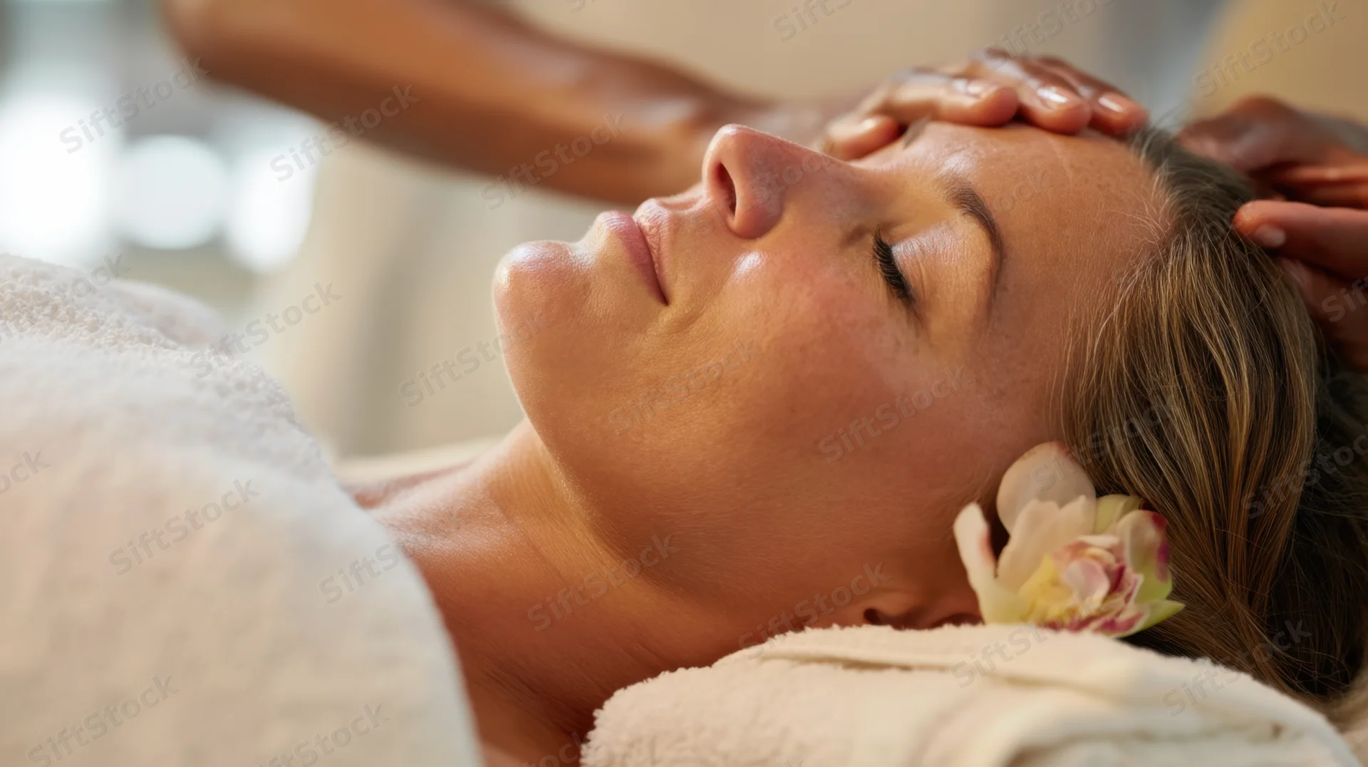 Woman receiving head massage with flower in hair at spa