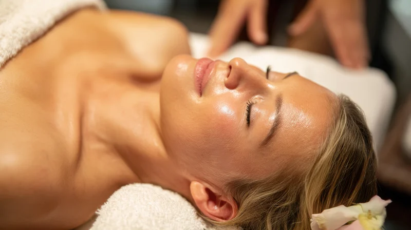 Woman receiving facial massage with oil at spa, eyes closed, head on towel, flower in hair