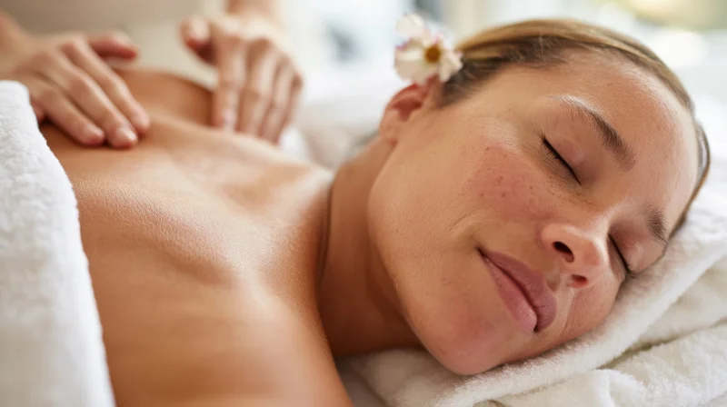 Woman receiving back massage at spa with flower in hair, lying on towel-covered table