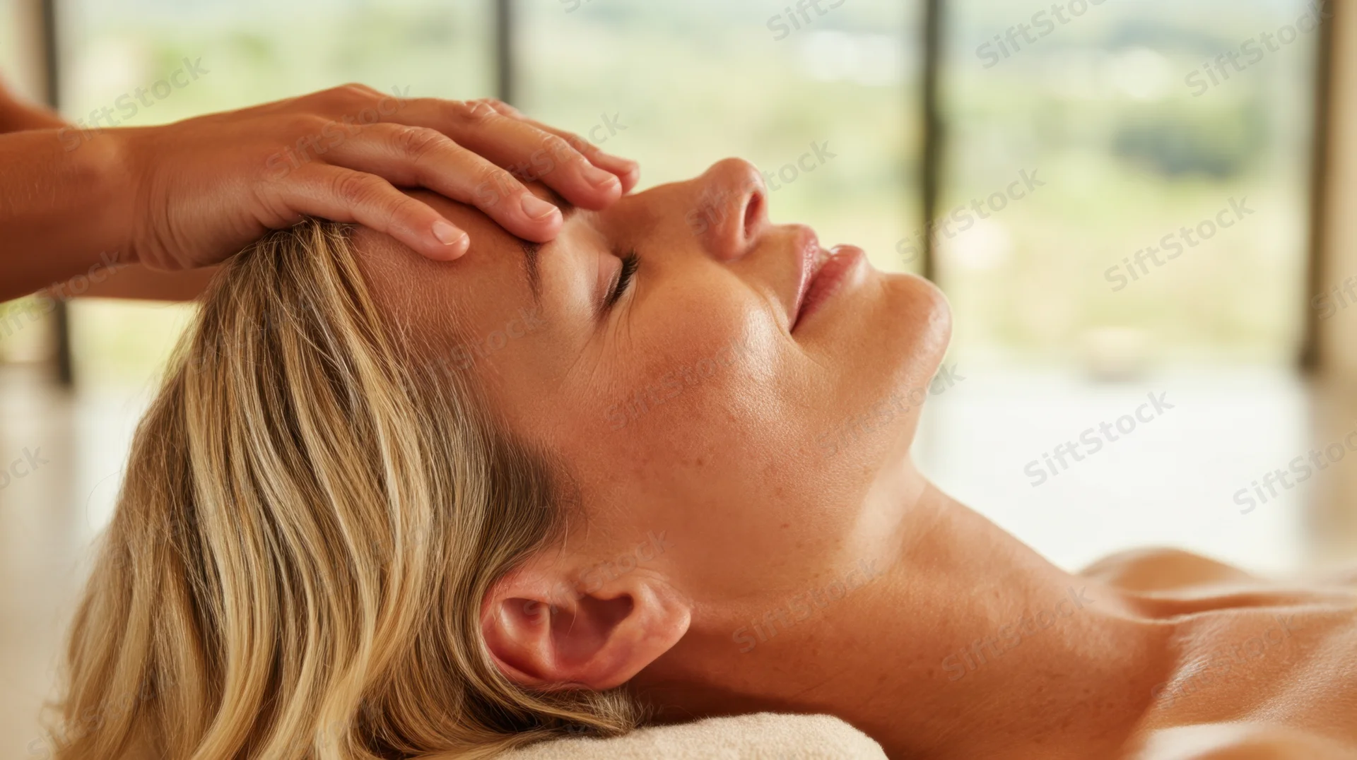 Woman receiving facial massage at spa with hands on forehead