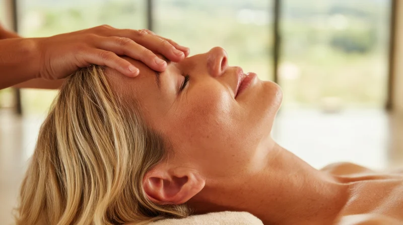 Woman receiving facial massage at spa with hands on forehead