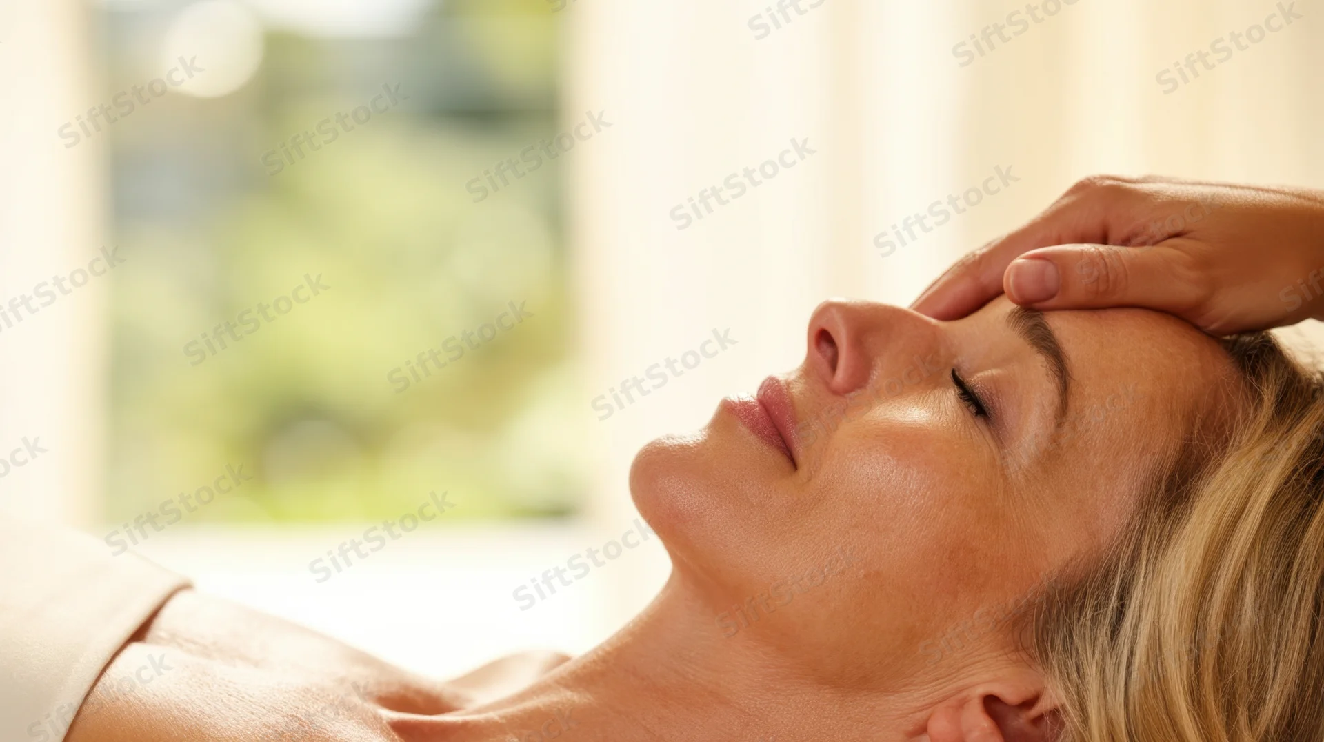 Woman receiving facial massage at spa with hand on forehead