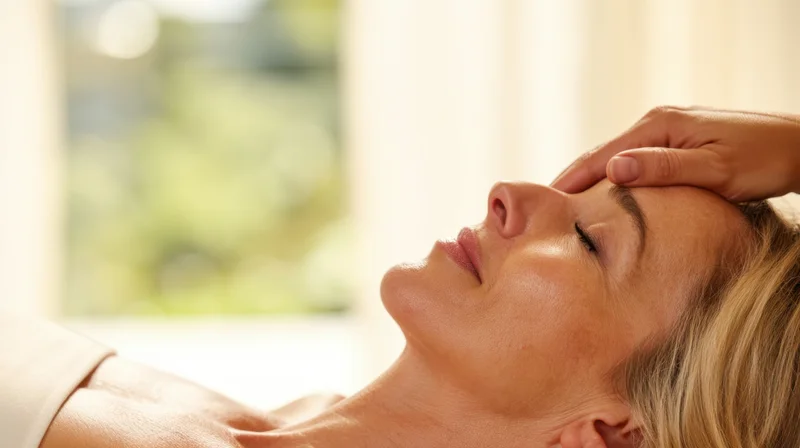 Woman receiving facial massage at spa with hand on forehead