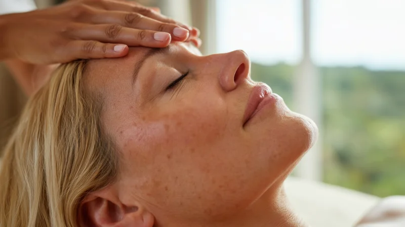 Woman receiving facial massage at spa with hand on forehead
