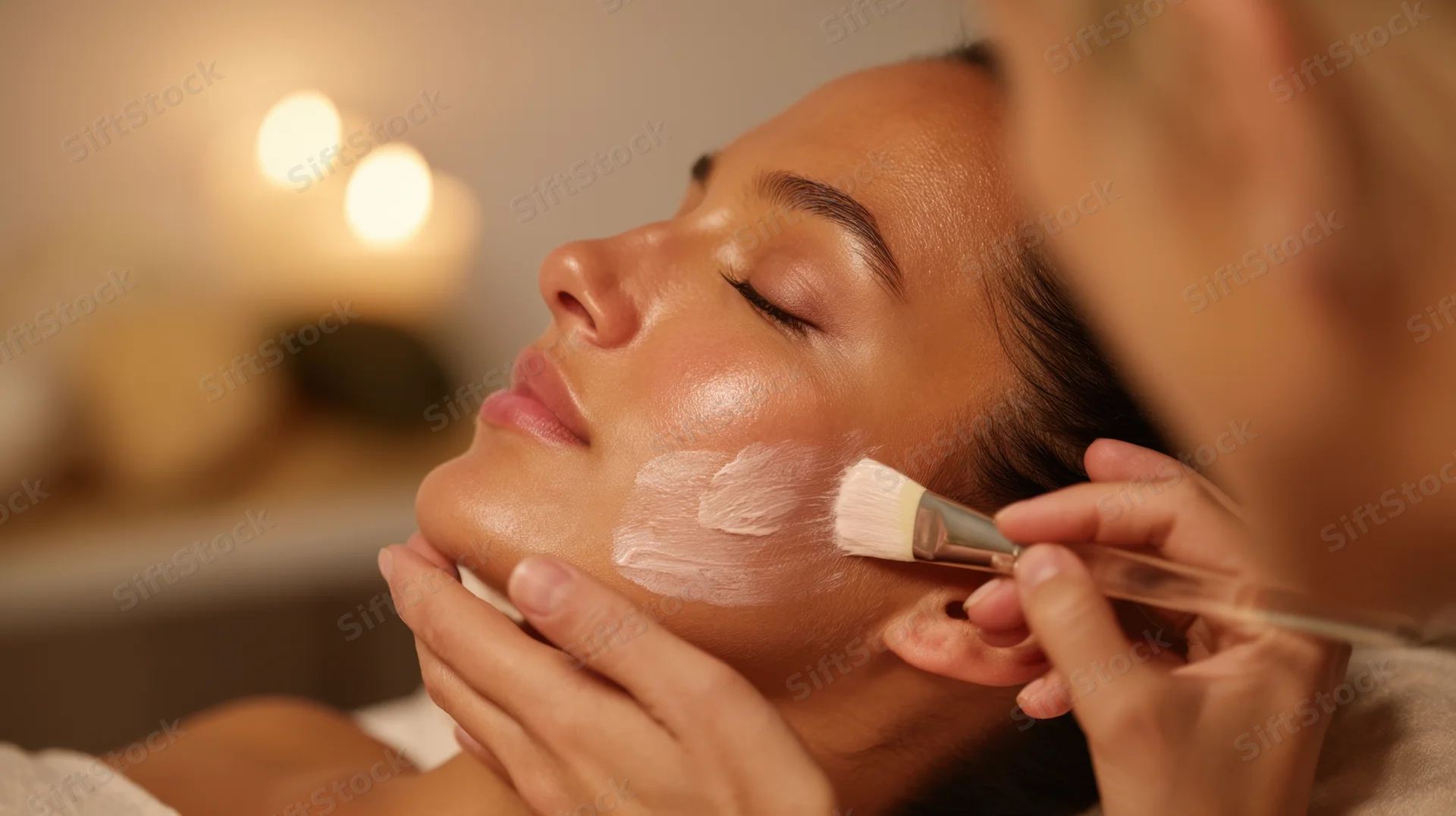 Woman receiving facial mask application at spa