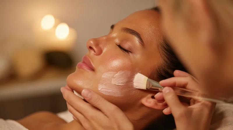 Woman receiving facial mask application at spa
