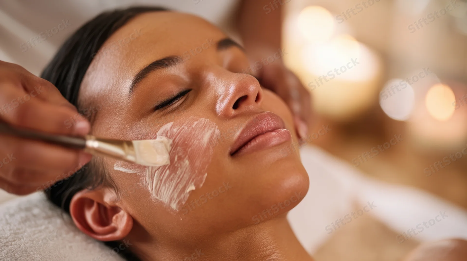Woman receiving facial mask application at spa