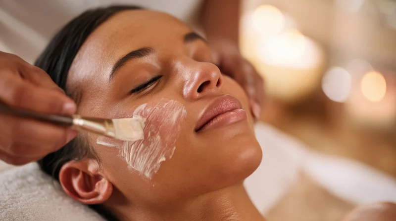 Woman receiving facial mask application at spa