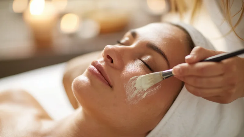 Woman receiving facial treatment with cream applied by brush in spa setting